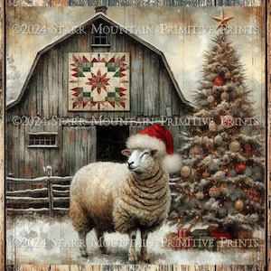 Primitieve boerderij kerst schapen in kerstmuts schuur quilt winters tafereel afdrukbare jpeg 300 dpi digitale kunst afbeelding label tag 8 x 8 afdrukken canvas