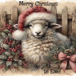 Etiqueta de impresión digital Jpeg para tarjeta de adorno, lienzo, para imprimir en papel, para ovejas con gorro de Papá Noel, con valla rústica de granja primitiva, feliz Navidad, 10 x 8