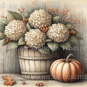 Primitive Herbst Herbst Hortensien Bouquet Holzfass Kürbis Print Label Jpeg Digital Bild Printable 10x8 Tag Leinwand Decoupage Reispapier