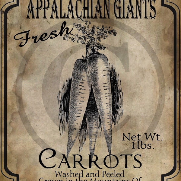 Primitive Appalachian Giants Carrots Seed Packet Jpeg Digital  Image Feedsack Logo for Pillows Labels Hang tags Magnets Ornies