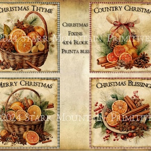 以下が含まれることがあります： オレンジ、シナモンスティック、その他のスパイスが入ったバスケットを描いた、ヴィンテージスタイルのクリスマスをテーマにしたイラストが4つあります。イラストのテキストは、「クリスマスタイム」、「カントリークリスマス」、「メリークリスマス」、「クリスマスの祝福」です。