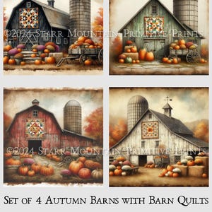 May include: Set of four digital art prints featuring autumn barns with patchwork quilts. Each print depicts a barn with a silo, pumpkins, and a wagon. The barns are painted in red, green, white, and brown. Each image measures 4 inches by 4 inches.