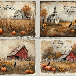 May include: Set of four 4x5 inch autumn scene printables. Each features a rustic watercolor design with pumpkins, sunflowers, and barns. One image includes a church with the words "Amazing Grace". Other images include the words "Autumn" and "Autumn Blessings".