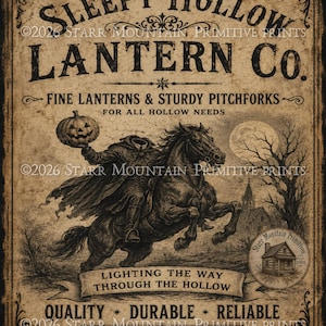 Puede incluir: Una impresión rectangular de estilo vintage con el texto Sleepy Hollow Lantern Co. y una ilustración de un jinete sin cabeza sosteniendo una calabaza sobre un caballo. El fondo es de color beige envejecido con texto negro y detalles.