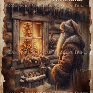 Primitif grungy Woodland père Noël cabane en rondins fenêtre brindille de Noël arbre imprimable Jpeg impression numérique découpage étiquette étiquette ornement 8 x 10