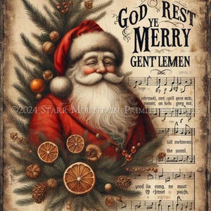 Primitieve vintage grungy oude wereld kerstman God rust gij vrolijke heren bladmuziek afdrukbare 8 x 10 jpeg digitale print decoupage labeltag