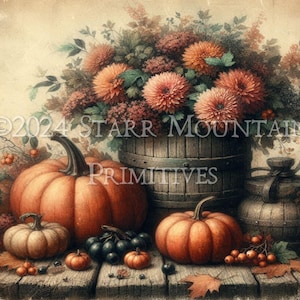 Primitive Bauernhaus Pumpkin Mums Holzfass Druckbare Stillleben Malerei Drucketikett Jpeg Digitalbild 10x8 Leinwand Decoupage Reispapier