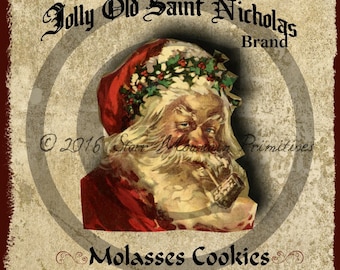 Primitive Old St Nicholas Santa Claus Cookies Christmas  Pantry Logo Label Jpeg Digital File for Crock  Jar, Labels, Pillows, Doll, Candle