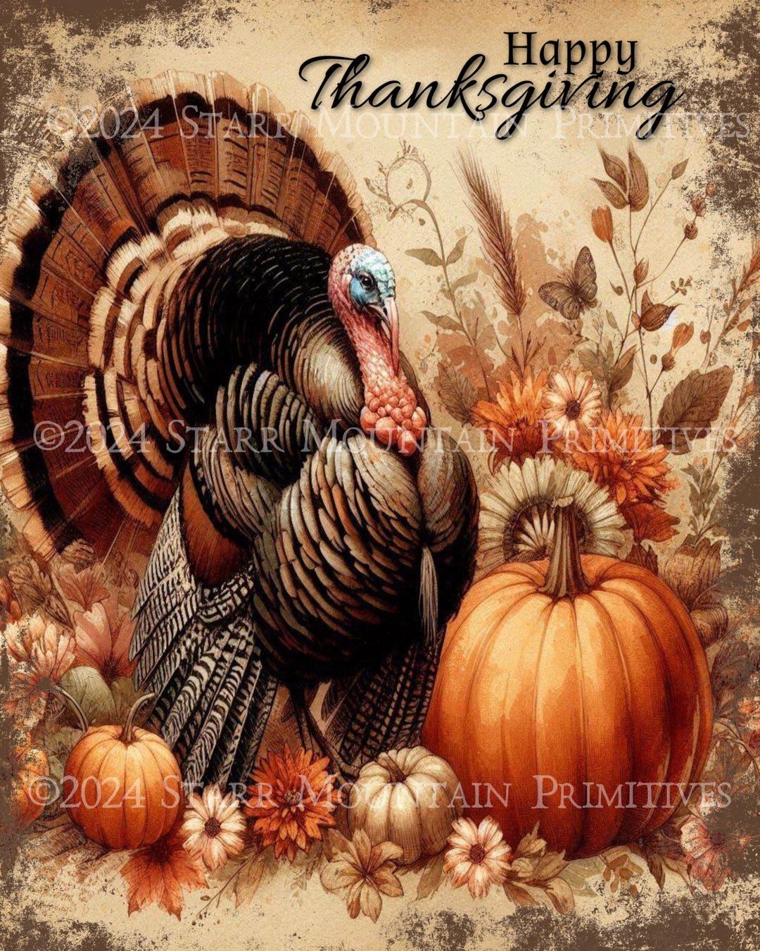 Primitive Fall Happy Thanksgiving Pumpkins Turkey Harvest Print