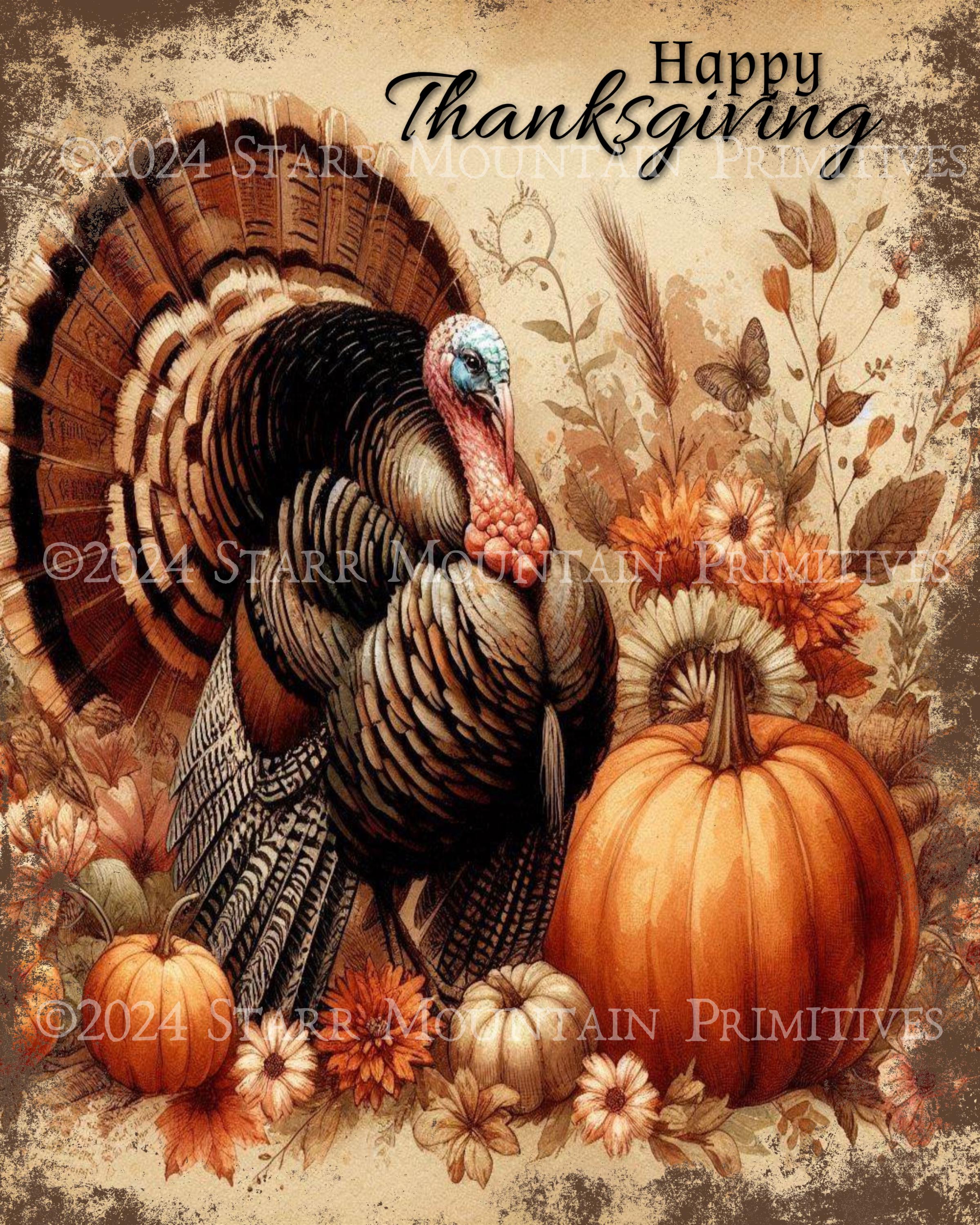 Primitive Fall Happy Thanksgiving Pumpkins Turkey Harvest Print Label Jpeg Digital Image Printable 8x10 Tag Canvas Decoupage Rice Paper