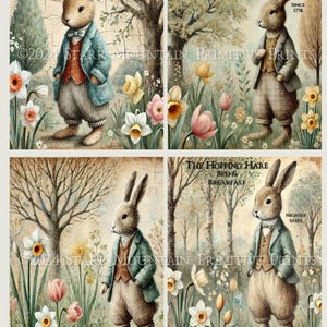 May include: Set of four printable images featuring vintage illustrations of bunnies wearing trousers. Each bunny is depicted in a different setting with a unique sign above them. The signs read "Buford Bunny Fine Chocolates Since 1903", "The Olde Hare Inn & Tavern Since 1778", "The Hopping Hare Bed & Breakfast", and "Nightly Stays".