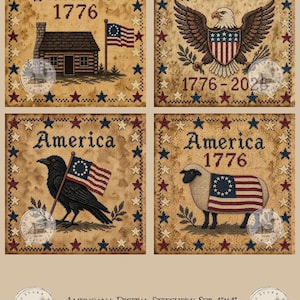 Op de afbeelding: Een set van vier digitale borduurontwerpen met een Americana-thema. Elke vierkant toont het woord "America" en het jaar "1776", samen met afbeeldingen van een blokhut, een adelaar, een kraai en een schaap, allemaal met patriottische elementen. De set is 10,16 cm x 10,16 cm.