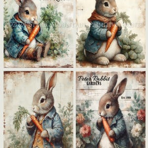 Primitive Farmhouse Vintage Peter Rabbit Carrots Set of 4 4x5 Digital Image Printable Decoupage Label Hang Tag Ornament Sign Print Canvas