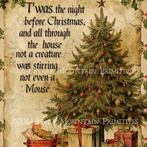 Peut inclure: Une illustration de Noël vintage représentant un sapin de Noël décoré avec des ornements et des cadeaux en dessous. Le texte dit "T'was the night before Christmas, and all through the house not a creature was stirring not even a Mouse".