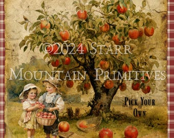 Primitive Grungy Gingham Vintage Advertisement Apple Orchard Farm Printable Jpeg 300 DPI Digital Image Label Hang Tag 8x10 Print Canvas