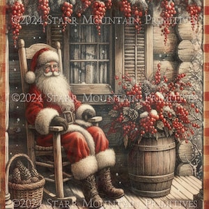 Primitive Farmhouse Log Cabin Porch Santa Claus Woodland Christmas Snow Gingham Printable Jpeg Digital Print Decoupage Label Ornament 8x10