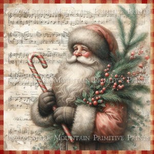 Primitive Farmhouse Christmas Santa Claus Candy Cane Instant Download JPEG 8x8 Printable Print Sublimation Decoupage Cans Label Tag Canvas