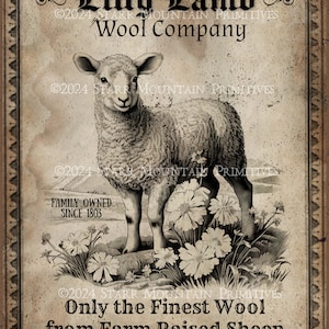 Primitive Lilly Lamb Wool Company Schaf Printable Jpeg 300 DPI Digitalbild Kissen Pantry Label Hangtag Magnet Ornament Print
