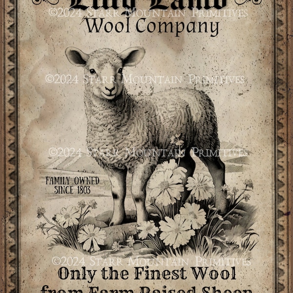 Primitive Lilly Lamb Wool Company Sheep Printable Jpeg 300 DPI Digital Image Pillow Pantry Label Hang Tag Magnet Ornament Print