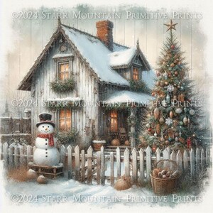 Primitive Bauernhaus Winter Weihnachtsbaum Schneemann Printable 8x8 Jpeg Digital Print Label Tag Ornament Karte Canvas Schild Decoupage