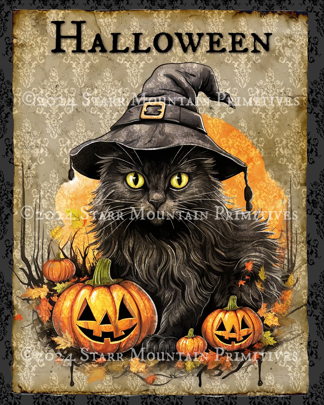 Primitive Farmhouse Halloween Witch Black Cat Jack O Lantern JOL 8x10 ...