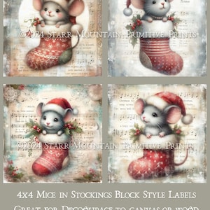 Primitive Whimsical Farmhouse Mice Mouse in Stocking Stockings Christmas Set 4, 4x4&quot; Digital Printable Print Label Hang Tag Ornament Magnet