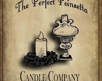 Primitive Christmas Poinsetta Candle Company Feedsack Pantry Label Logo Jpeg Image Great for Pillows Labels Hang tags Magnets Ornies