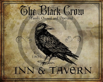 Letrero de taberna colonial primitivo Black Crow, posada, imagen digital JPEG, logotipo de saco de comida, almohadas, etiquetas de despensa, etiquetas colgantes, caja de barro, lata, etiqueta de vela