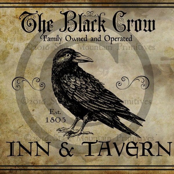 Primitive Colonial Black Crow Tavern Inn Sign Jpeg Digital  Image Feedsack Logo Pillows Pantry Labels Hang tags Crock Crate Can Candle Label