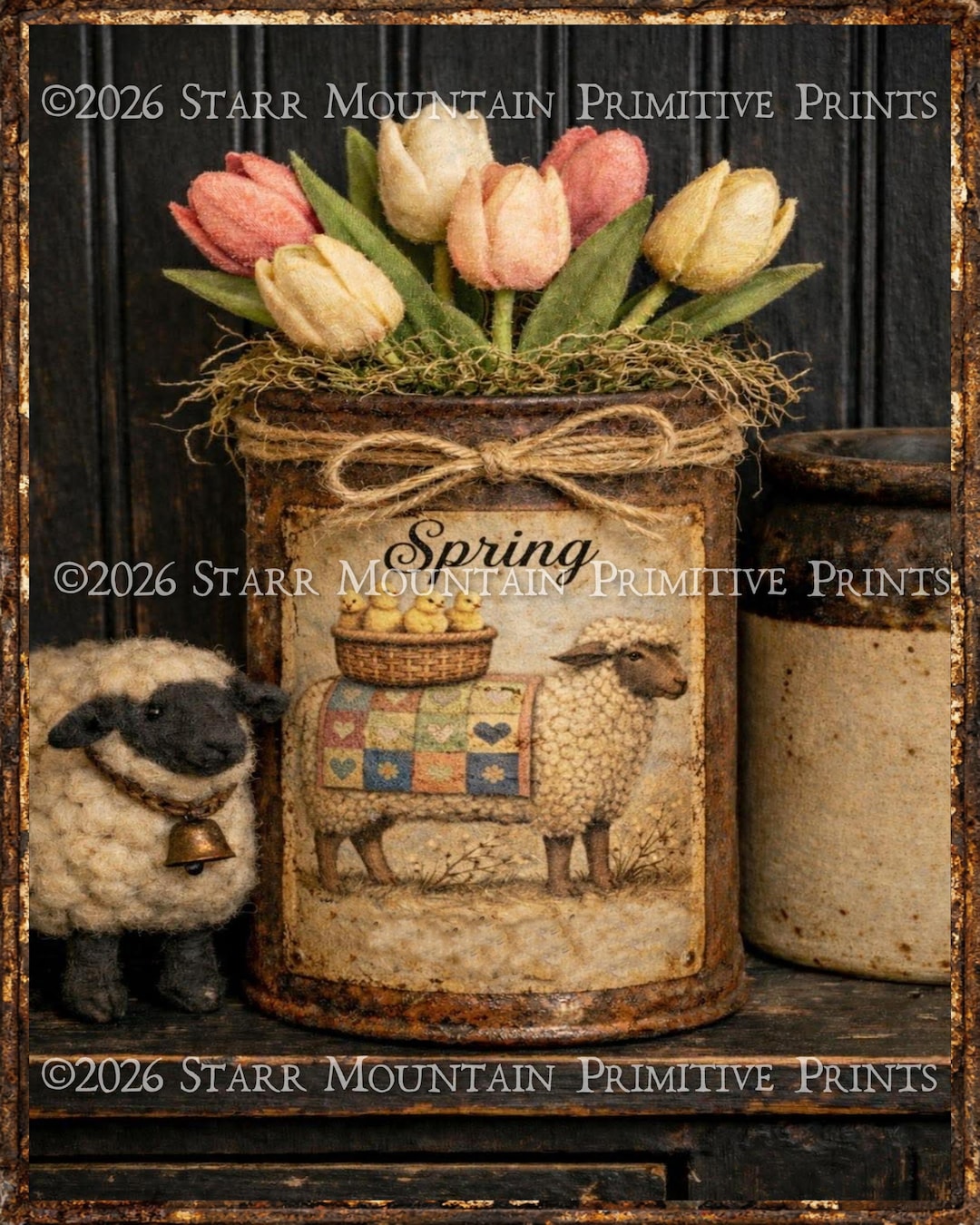 Primitive Farmhouse Spring Sheep Rusty Tin Can Tulips Crock Printable ...