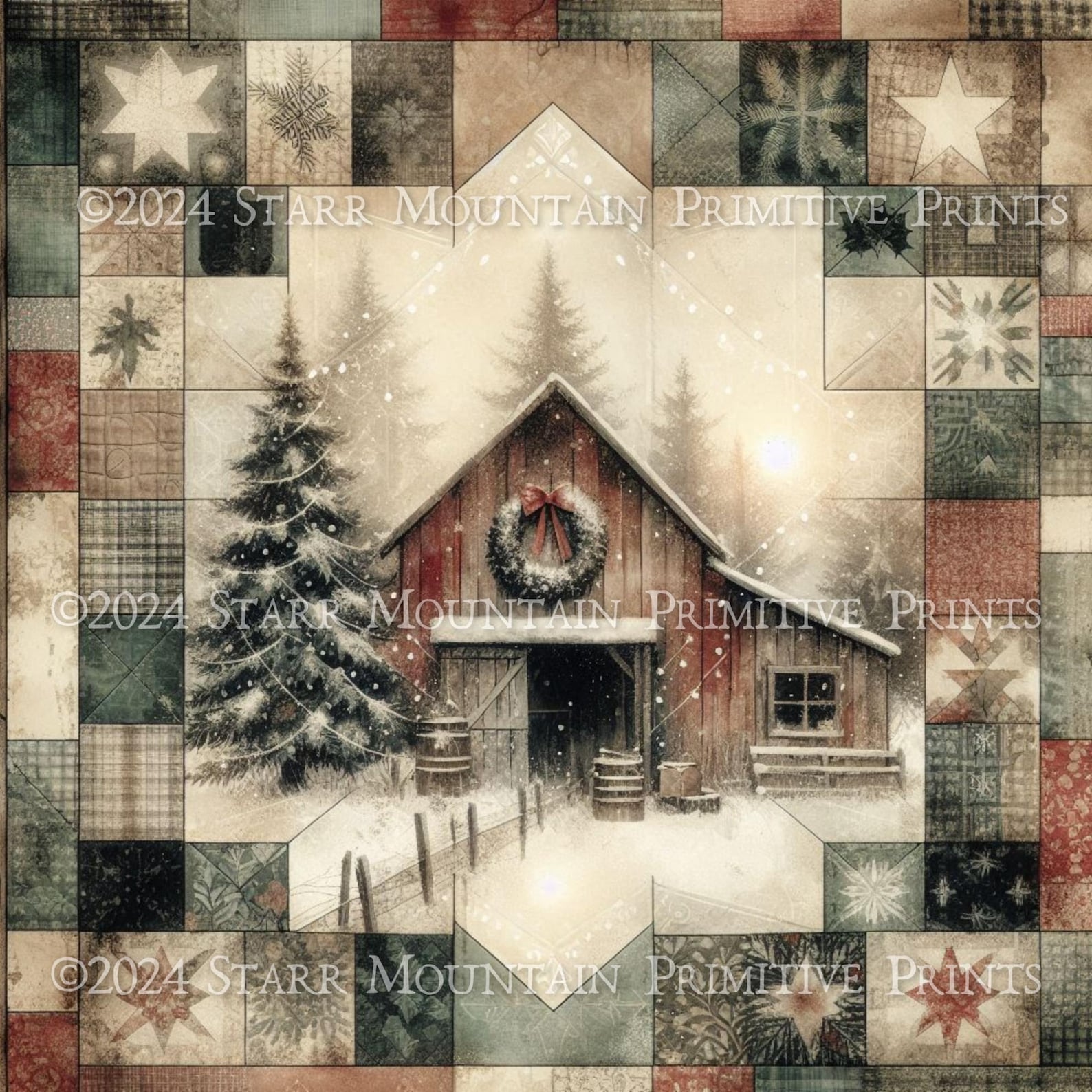 Primitive Farmhouse Rustic Christmas Barn Scene Quilt Block Square ...