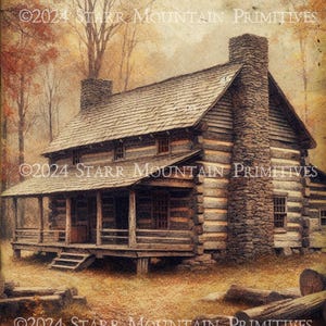 May include: A rustic log cabin with a stone chimney and a porch. The cabin is surrounded by trees and a field of grass. The image has a vintage, faded look.