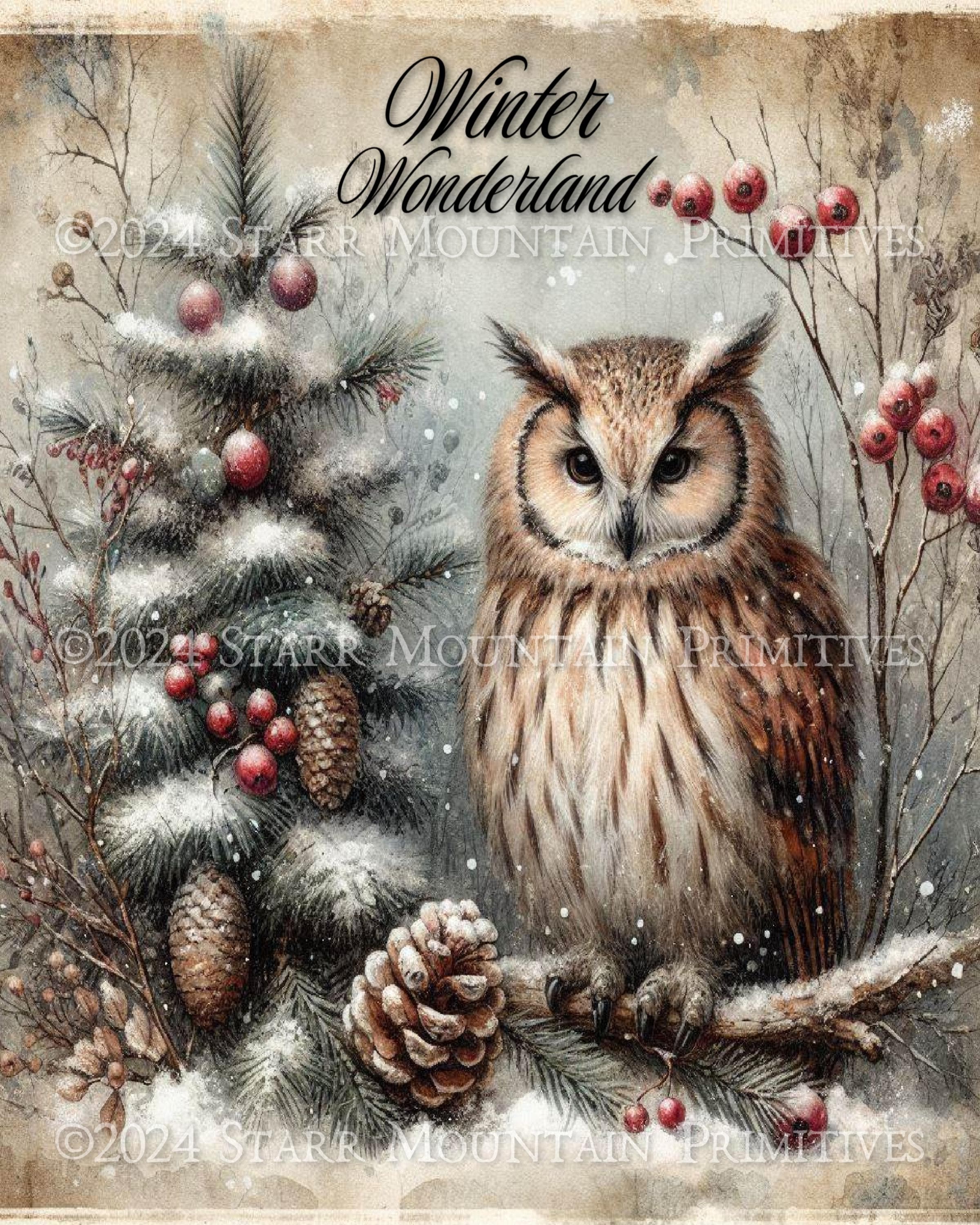 Primitive Farmhouse Winter Wonderland Owl in Snow Tree Berries Pinecones Printable Jpeg Digital Prin