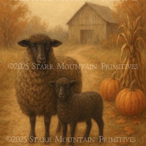 Peut inclure: Peinture automnale représentant une brebis et son agneau sur un chemin de terre. Une grange et des citrouilles sont visibles en arrière-plan. L'œuvre est signée avec le texte "©2025 STARR MOUNTAIN PRIMITIVES".