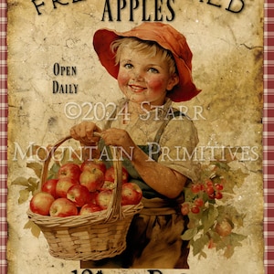 Primitive Grungy Gingham Anúncio Vintage Maçãs Frescas Colhidas Para Impressão Jpeg 300 DPI Etiqueta de Imagem Digital Etiqueta Pendurada 8x10 Impressão em Tela
