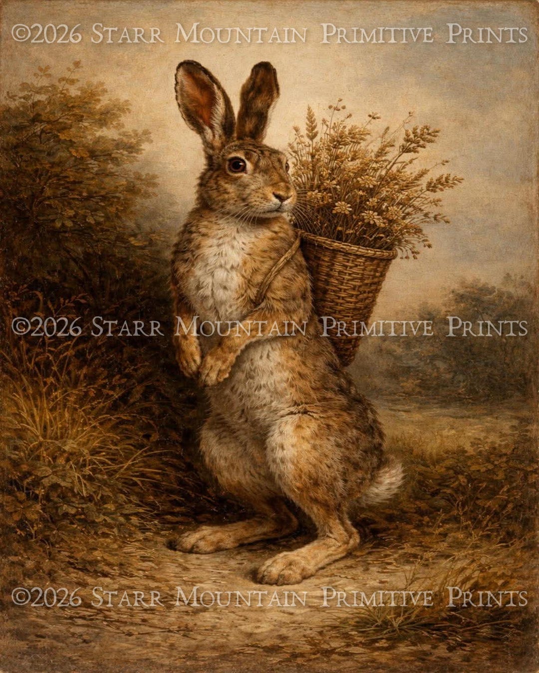 Primitive Vintage Farmhouse Hare Rabbit Florals Basket Printable ...