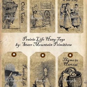 May include: Set of ten vintage-style printable hang tags with images and text. The tags feature images of a cabin, a woman spinning yarn, women doing laundry, a book, a candle, and a woman with a basket of apples. The text on the tags includes "Olde Cabin", "1864", "Wash Day", "Prairie Life", "Thyme to Harvest", and "Fom's Cabin".