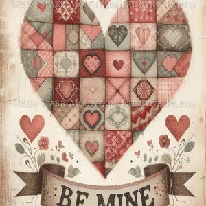 Corazones de patchwork primitivos para el día de San Valentín, Be Mine, 8 x 10, imagen digital, etiqueta para decoupage, etiqueta colgante, adorno, letrero, lienzo impreso, tarjeta