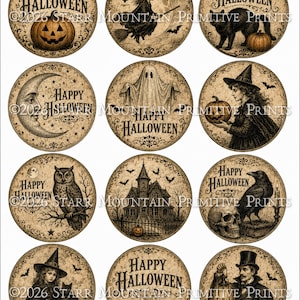 May include: A sheet of twelve circular stickers featuring vintage-style Halloween illustrations including a jack-o'-lantern, a witch on a broom, a black cat, a crescent moon, a ghost, a haunted house, an owl, a skull, and a raven with text Happy Halloween.