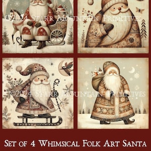 May include: Set of four whimsical folk art Santa Claus block prints. Each print features a different Santa Claus in a winter scene with a snowy background. The prints are in a vintage style with muted colors and a rustic feel.