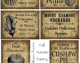 Primitive Autumn Fall Apple Pumpkin Cushaw Harvest Pantry Logo Labels Jpeg Digital File Crock, Jar, Pillows, Dolls, Ornies, Crates, Boxes