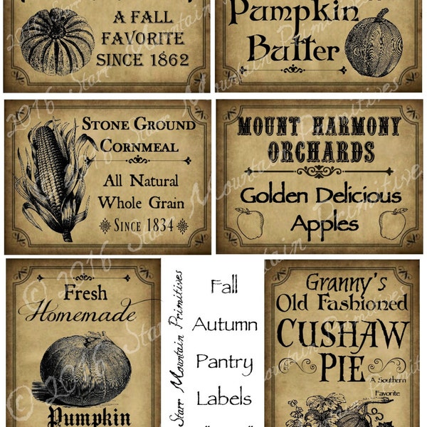 Primitive Autumn Fall Apple Pumpkin Cushaw Harvest Pantry Logo Labels Jpeg Digital File Crock, Jar, Pillows, Dolls, Ornies, Crates, Boxes