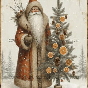 Primitive Farmhouse Chippy Old World Woodland Santa Claus Noël imprimable Jpeg numérique impression étiquette de découpage étiquette volante ornement 8 x 10