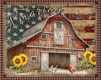 Primitieve patriottische boerderij Amerikaanse vlag schuur zonnebloemen afdrukbare Jpeg 300 DPI digitale afbeelding kussen Label Hang Tag magneet Ornament Print
