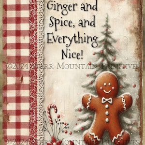 Primitive Farmhouse Chippy Gingerbread Man Christmas Tree Red Gingham Printable Jpeg Digital Print Decoupage Label Hang Tag Ornament Canvas