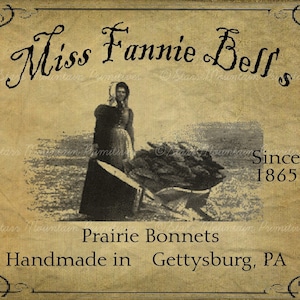 Primitive Vintage Miss Fannie Bell&#39;s Prairie Bonnets Jpeg Digital  Image Feedsack Logo for Pillows Pantry Labels Hang tags Magnets Ornies