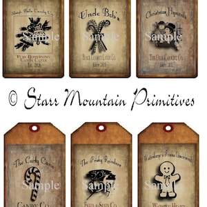 Primitive Vintage Christmas Set 6 Pantry Logo Hang Tags Jpeg Digital Image For Dolls Boxes Crates Jars Crocks Ornies