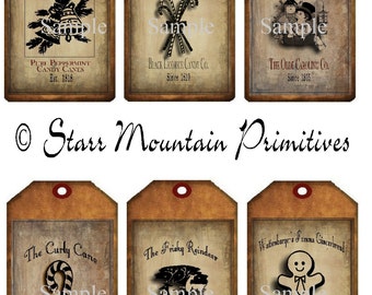 Primitive Vintage Christmas Set 6 Pantry Logo Hang Tags Jpeg Digital Image For Dolls Boxes Crates Jars Crocks Ornies