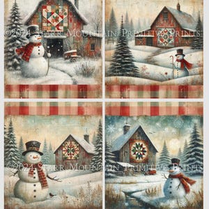Primitive Farmhouse Winter Snowman in Meadow Barn Quilt Set of 4 4x5 Digital Image Printable Decoupage Label Hang Tag Ornament Sign Print