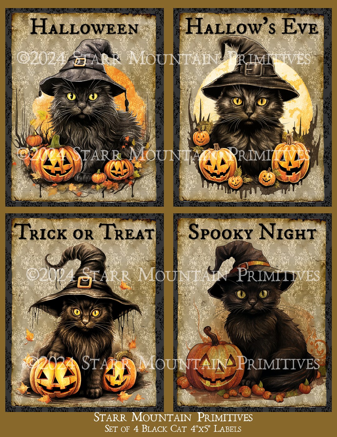 Primitive Halloween Damask Black Cat Witch Hat Jack O Lantern Set of 4 ...